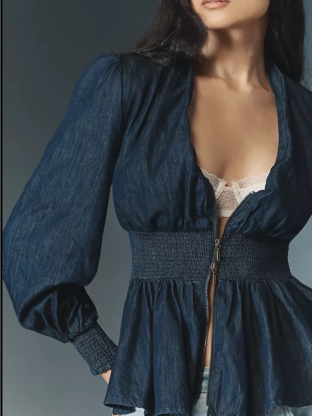 Anthropologie Tommie Long Sleeve Denim Front Zip Blouse
